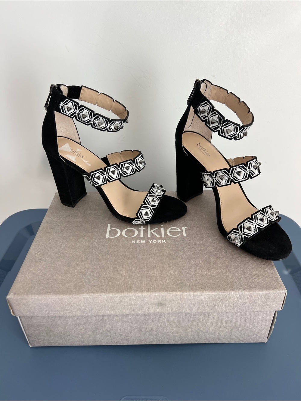 Botkier gigi suede black white studded embroidered open toe zip up sandals heels